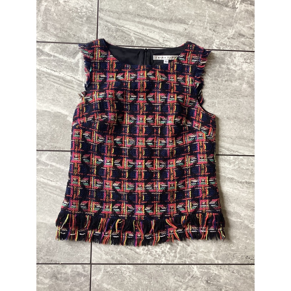 Trina Turk Womens XS Multicolor Plaid Tweed Fringe Trim Sleeveless Shell Top